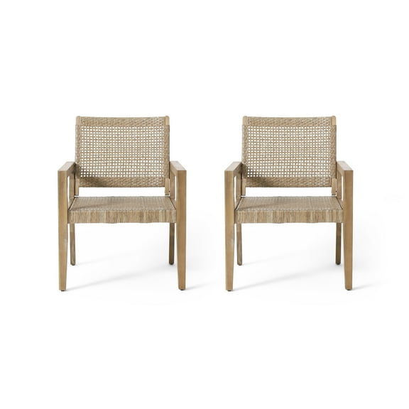 GDF Studio Elmcrest Outdoor Wicker and Acacia Wood Club Chairs, Set of 2, Light Multibrown and Light Brown
