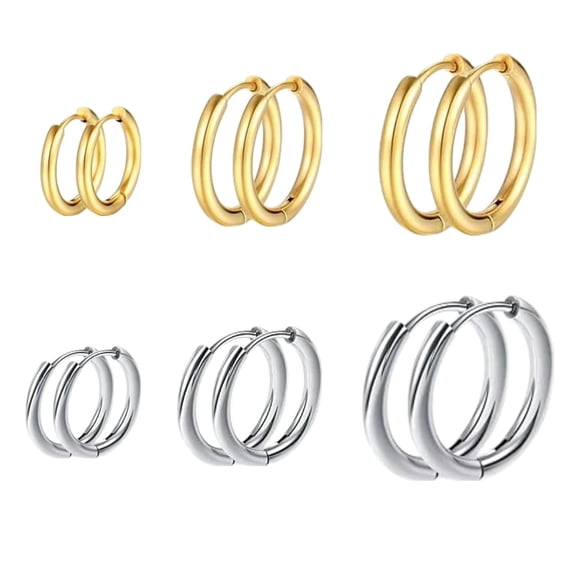 Small Hoop Earrings Set for Women , 6 Pairs Stainless Steel Huggie Hoop Earrings, Lightweight Minimalist Jewelry, 10mm–14mm(Gold Silver)