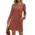 thumbnail image 3 of Long Sleeve Dress for Women Tunic Sweater Dresses with Pockets Fashion Buttons Side Brick Red XXL, 3 of 9