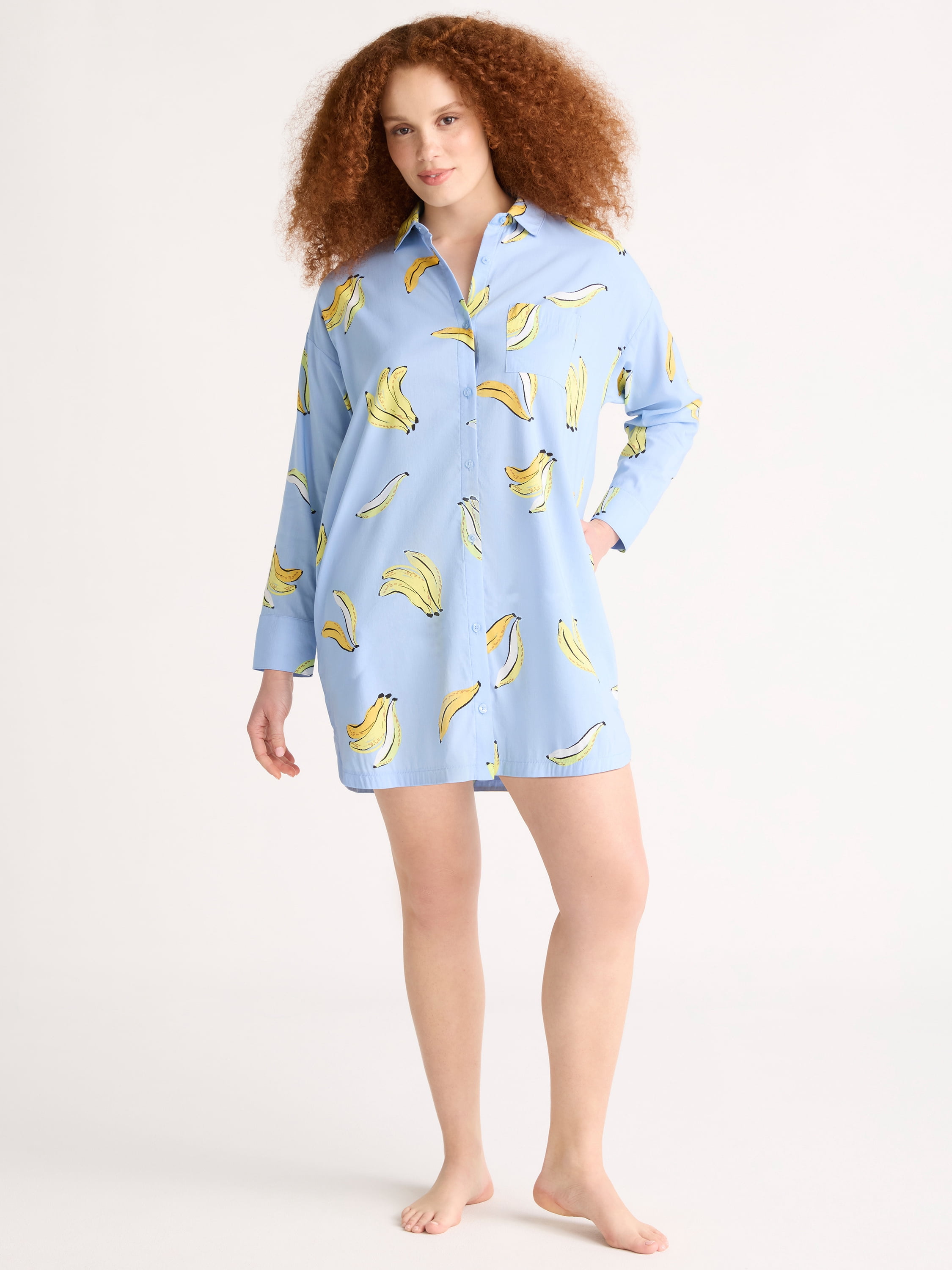 Joyspun Women’s Woven Long Sleeve Button Front Sleepshirt, Sizes XS-3X