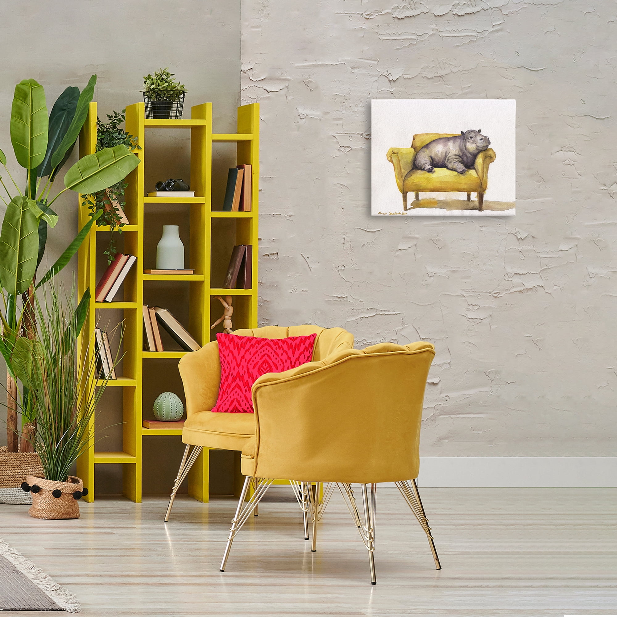 Stupell Industries Hippo on Yellow Chair Animals Painting Wrapped Canvas Art Print Wall Art, 20 x 16