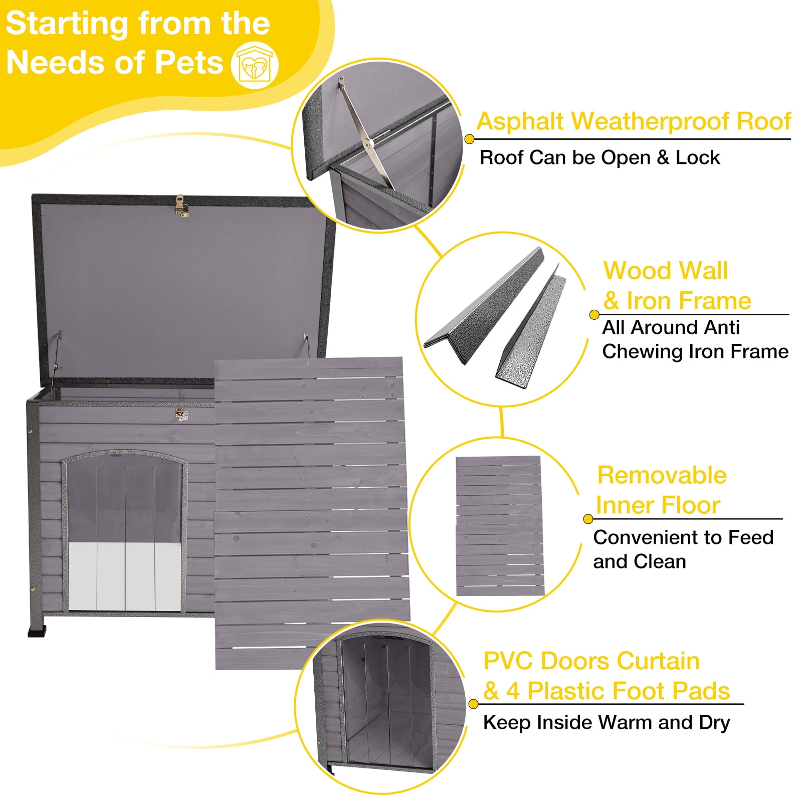 Aivituvin Indoor Outdoor Dog House,Anti-Chewing Iron Frame Dog Kennel,Wood Warm Pets Home,Weatherproof Outside Shelter