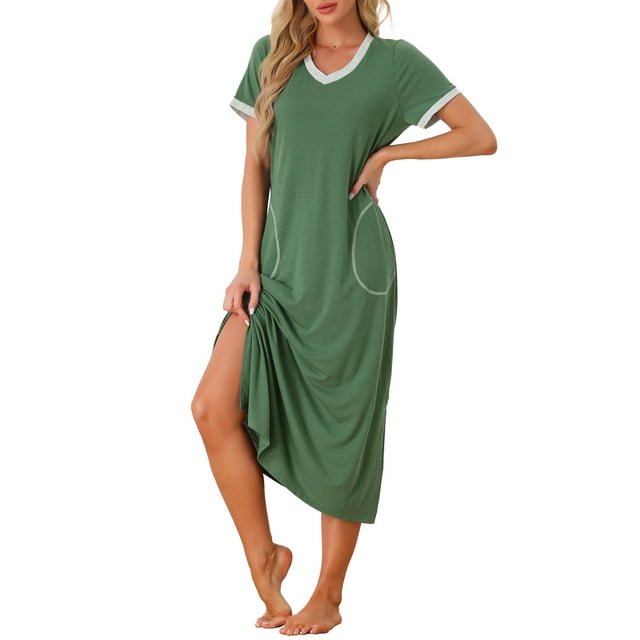Camisón de noche con cuello en V para mujeres INSPIRE CHIC, vestido de noche con abertura lateral, manga corta, camisón largo con bolsillos, M, verde