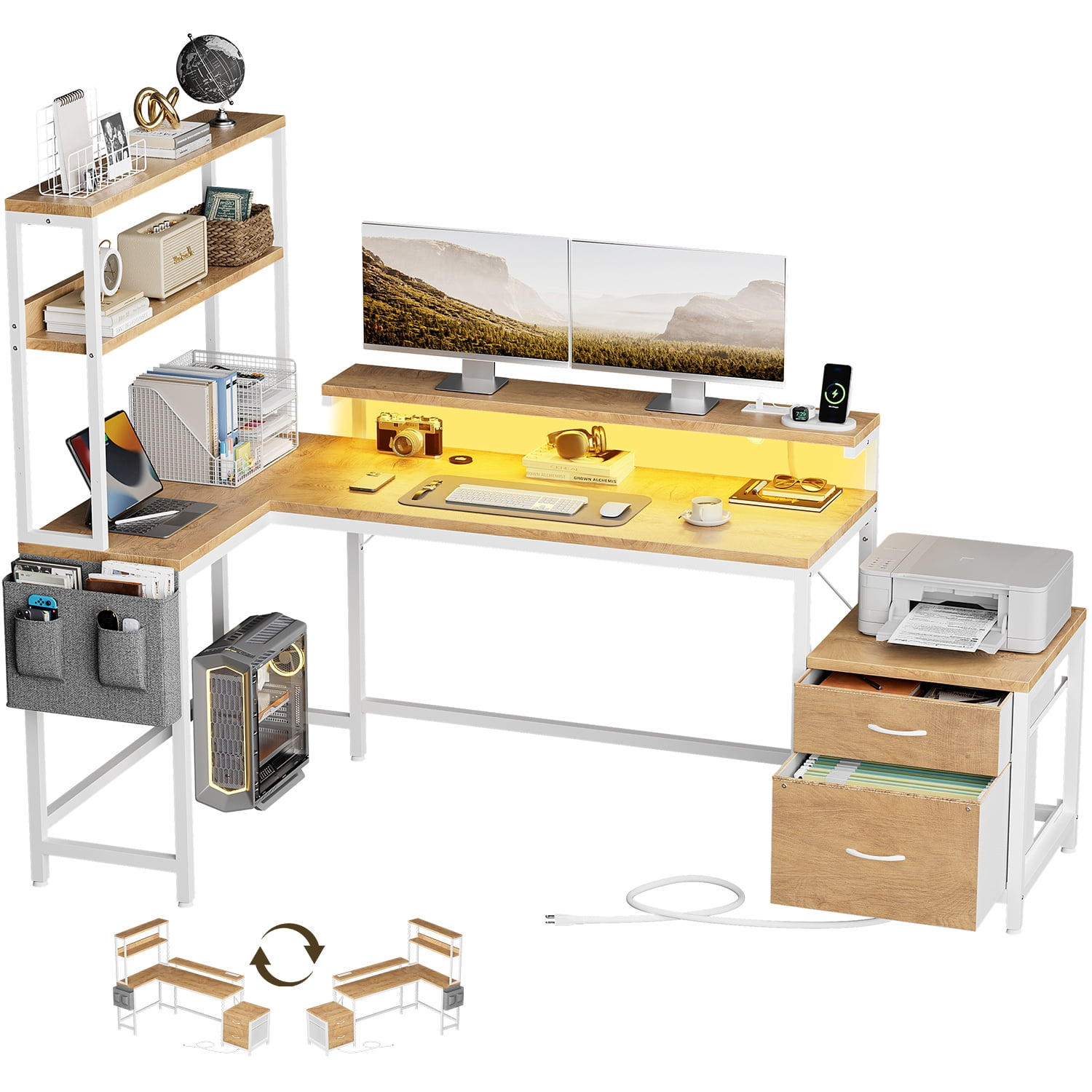 FYRENA 71" L Shaped Desk with 2 Drawers & shelves,Corner Desk with LED Lights & Power Outlets,Gaming Desk,Home Office Desk,Natural Wood