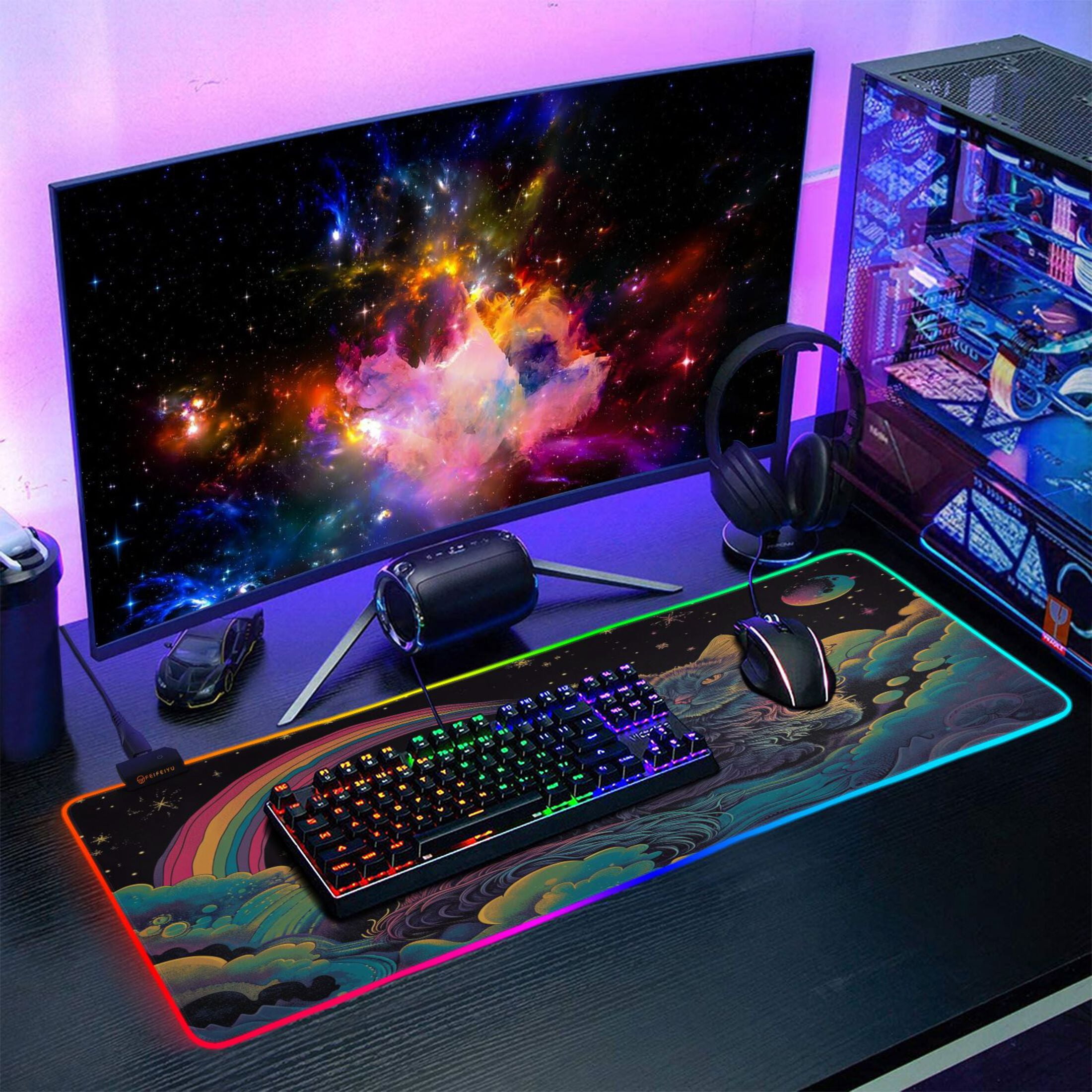 Large RGB Gaming Mouse Pad Led Glowing Mousepad Non-Slip Rubber Base 13 Light Modes 31.5x11.8 Cat Space Rainbow Planet