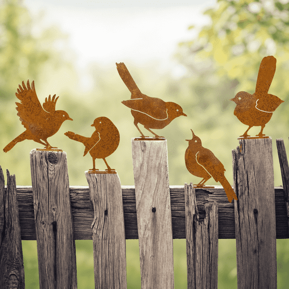 Garden Decor, Yard Art, Outdoor Metal Wall Art, Fence Decorations Outdoor, Metal Outdoor Art, 5 Pack Rustic Rusty Metal Bird Statue Ornaments, Outdoor Bird Wall Decor for Fence Garden Rustic Decor