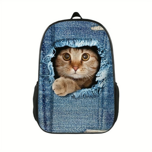 1pc Mochila Escolar Creativa Con Estampado De Perro Y Gato Lindo Para Niños Y Niñas, Mochila Impresa De Mezclilla, Mochila De Viaje Al Aire Libre