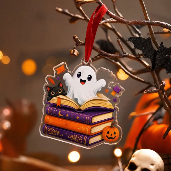 Fmbmuo Halloween Ghost Reading Acrylic Suncatcher Cute Window Hanging Decor For Book Lovers And Home Display