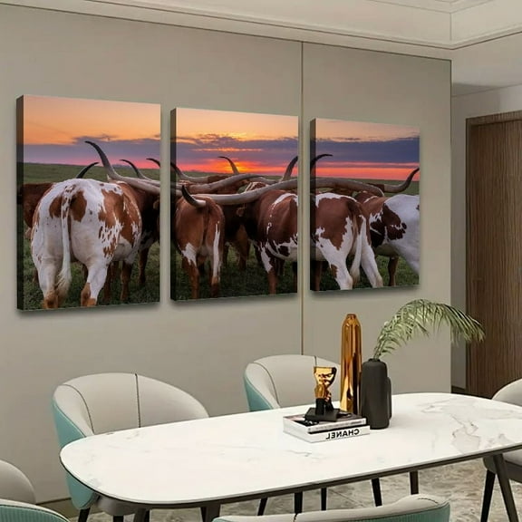 Longhorn Steers Group Photo Canvas Wall Art Decor Set 16x24in with Frame - Triptych Style 16x24x3pcs