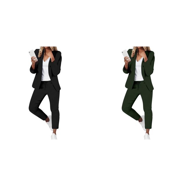 (2-Pack) Rinsvye Womens Solid Long Sleeve Pants Suit Set With Pockets Elastic Waistband Tailored Fit Business Formal Wear