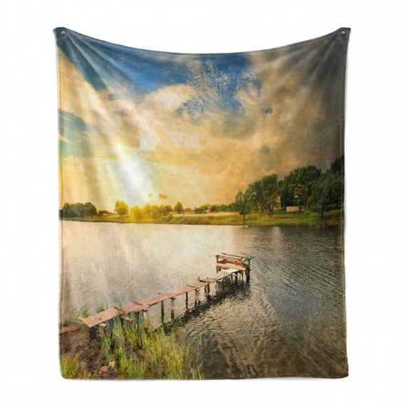 Nature Soft Flannel Fleece Blanket, Wooden Deck on the Lake Surrounded by Foliage Greenery Evening Sky Serene Landscape, Cozy Plush for Indoor and Outdoor Use, 70" x 90", Multicolor, by Ambesonne