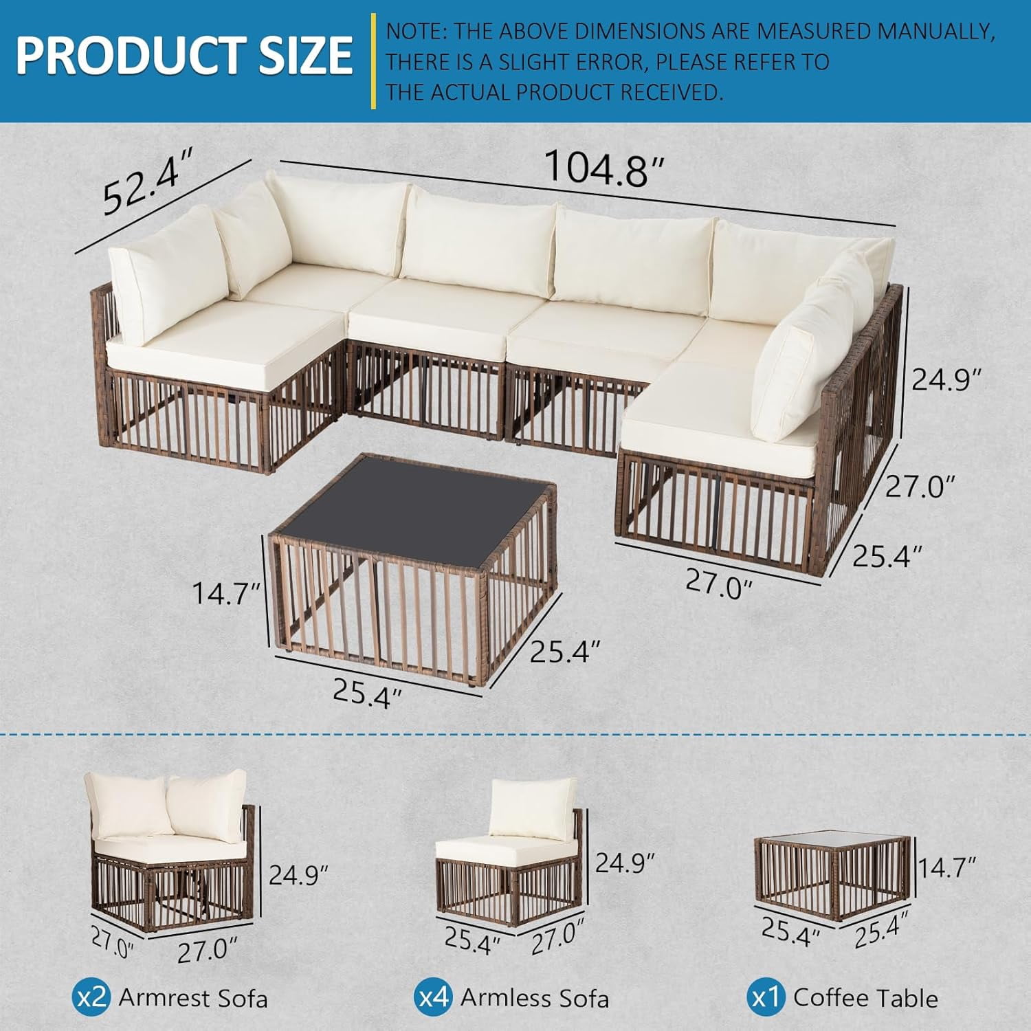 Ainfox 7 Pieces Outdoor Wicker Patio Furniture Set, Adjustable Backrest Sectional Conversation Couch with Thick Cushions & Coffee Table for Garden Porch Poolside, Brown/Beige