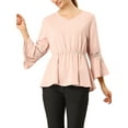 thumbnail image 6 of INSPIRE CHIC Women's V Neck Crochet Lace Bell Sleeves Peplum Blouse Tops M Pink, 6 of 7