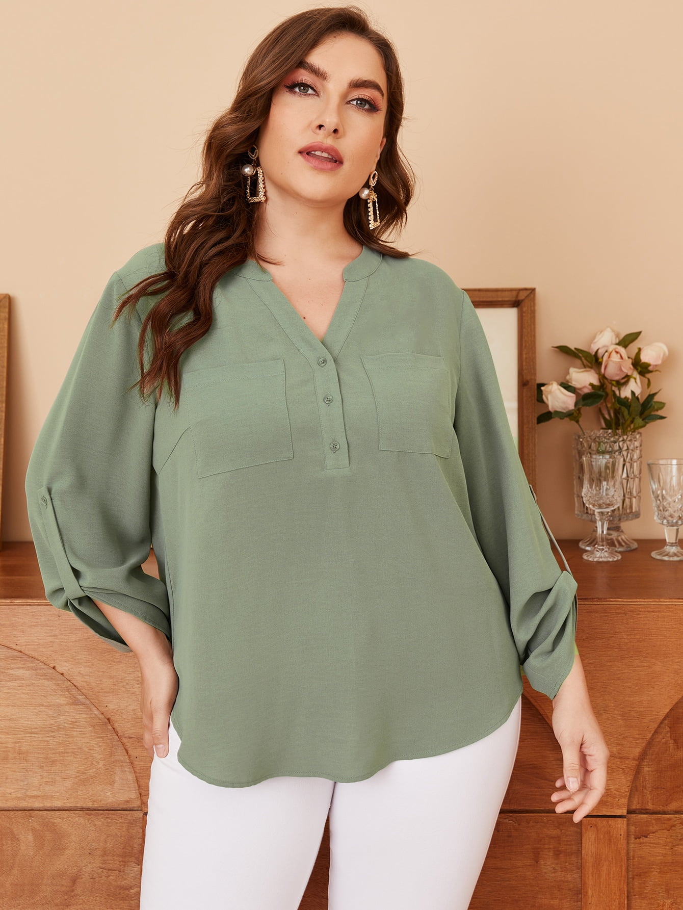 Plus size army green shirt Clearance