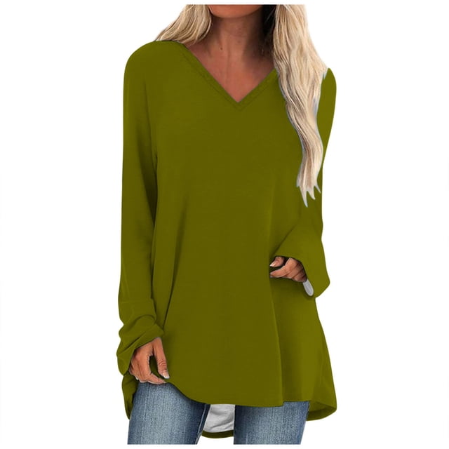 KIHOUT Spring Winter Womens Tops Solid Color T-shirt Long Sleeves Blouse V-Neck Casual Mid-Length Blouse Tops