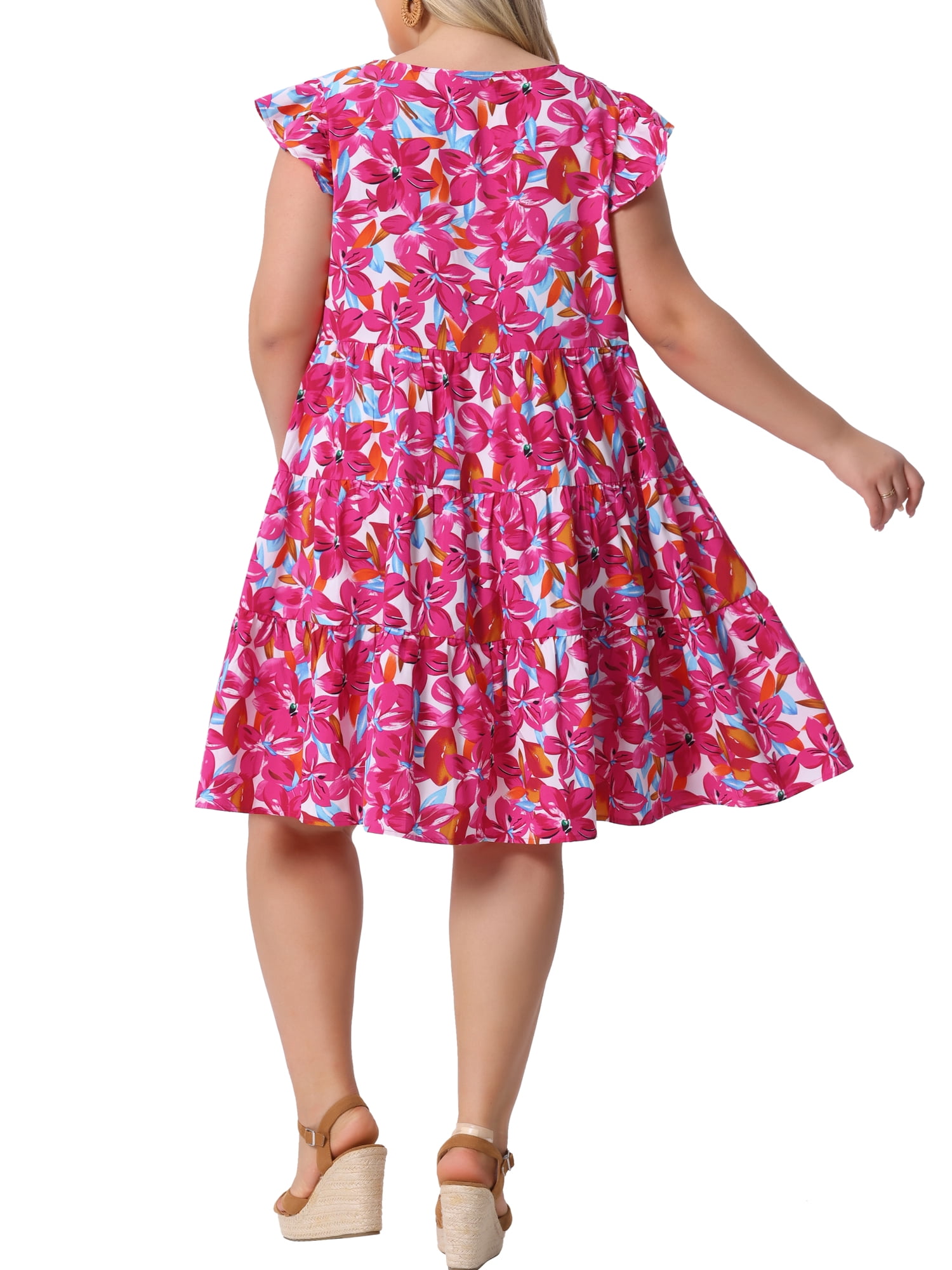 DARING DIVA Plus Size Boho Flutter Sleeves Round Neck Floral Print Dress 4X Red