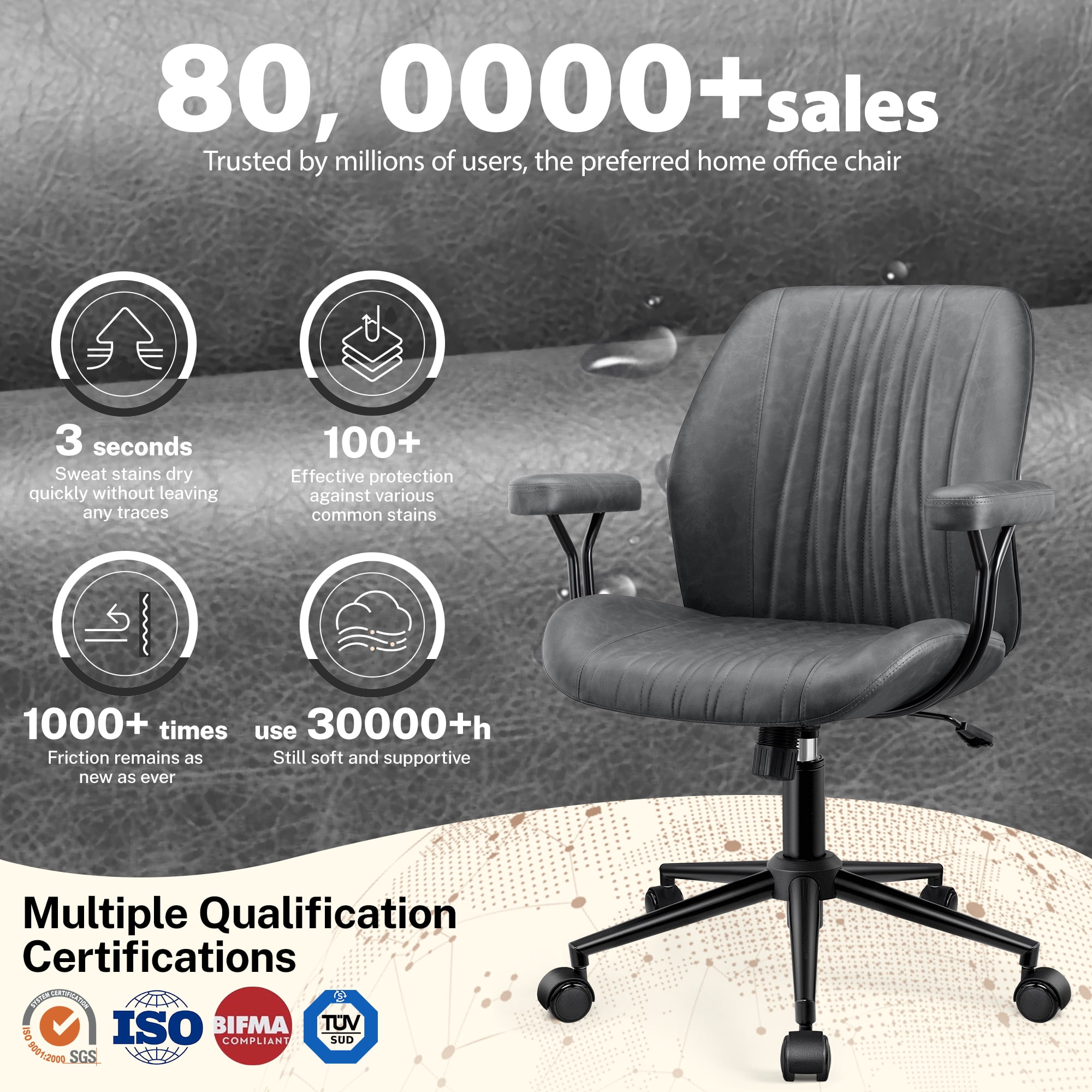 COOLHUT Home Office Chair, PU Leather Ergonomic Computer Desk Chair with Removable Armrests, Mid Century Modren Armrest Office Chair, Rocking Swivel Task Chair, Dark Gray
