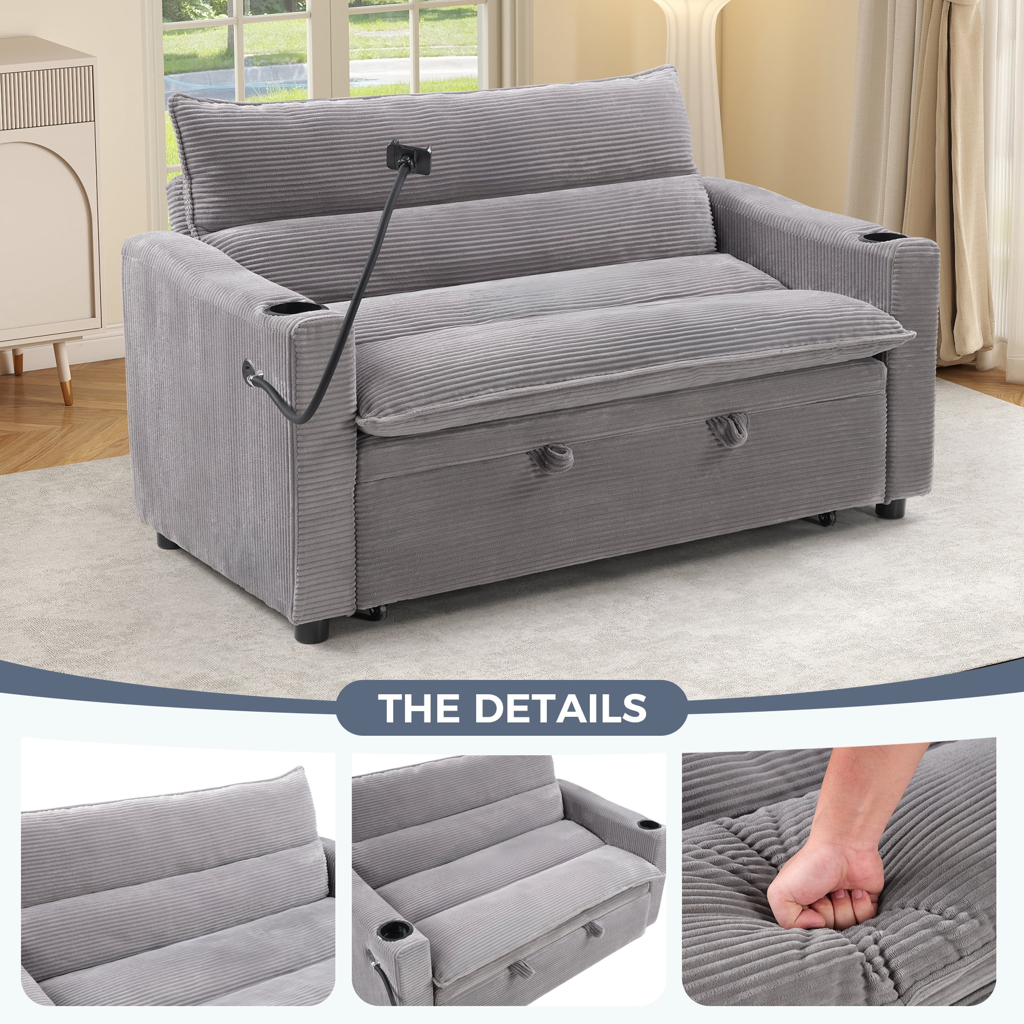 Ebello 3-in-1 Sleeper Sofa Bed, Corduroy Convertible Pullout Futon Couch with Adjustable Backrest, Phone Holders & USB Ports for Apartment, Small Space, 2-Seat(Gray)