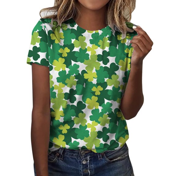 Wang6 Womens Short Sleeve St Patricks Day T-Shirt Plus Size Summer Irish Shamrock Printed Tops Causal Crew Neck Loose Saint Graphic Tees Shirts Y_White XL