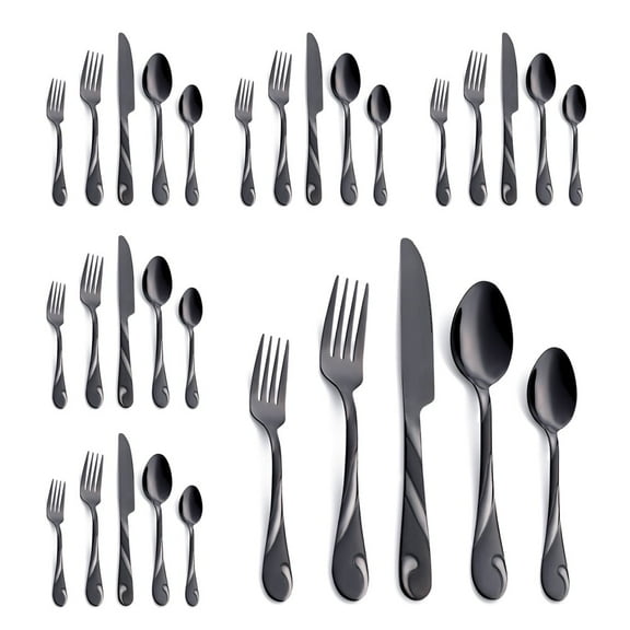 Black Silverware Set for 6, 30-Piece Stainless Steel Flatware Set, Shiny Black Metal Cutlery Set, Include Fork, Knife and Spoon Set, Dishwasher Safe