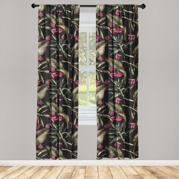 Tropical Window Curtains, Exotic Leaves with Pink Flowers Pattern Art on Monochrome Back, Lightweight Decor 2-Panel Set with Rod Pocket, Pair of - 28"x63", Raspberry and Olive Green, by Ambesonne