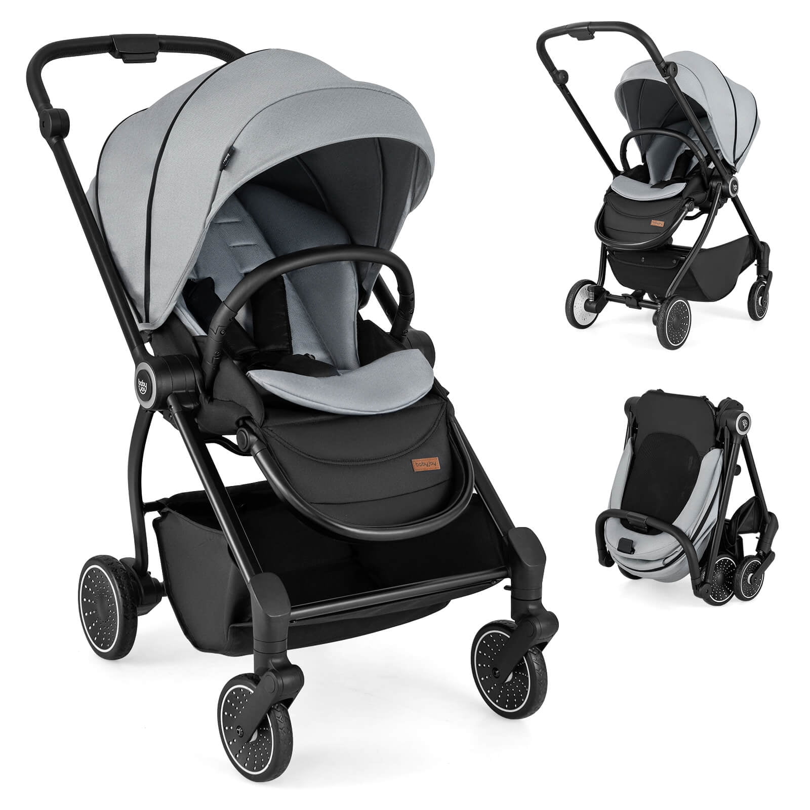 Costway Baby Stroller Foldable Infant Pram Stroller with Reclining Backrest Handle Gray