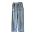 thumbnail image 5 of Avrnliq Light Blue Girls Wide Leg Denim Jeans - Elastic Waist Heart Embroidery Pull On Loose Casual Trousers for Kids Teens,Size 12-13T, 5 of 9