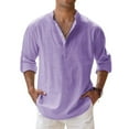 thumbnail image 2 of Men's Cotton Linen Henley Shirts Long Sleeve Button Up Hippie Beach T-Shirt Summer Casual Loose Yoga Tops Plus Size Purple 3XL, 2 of 4