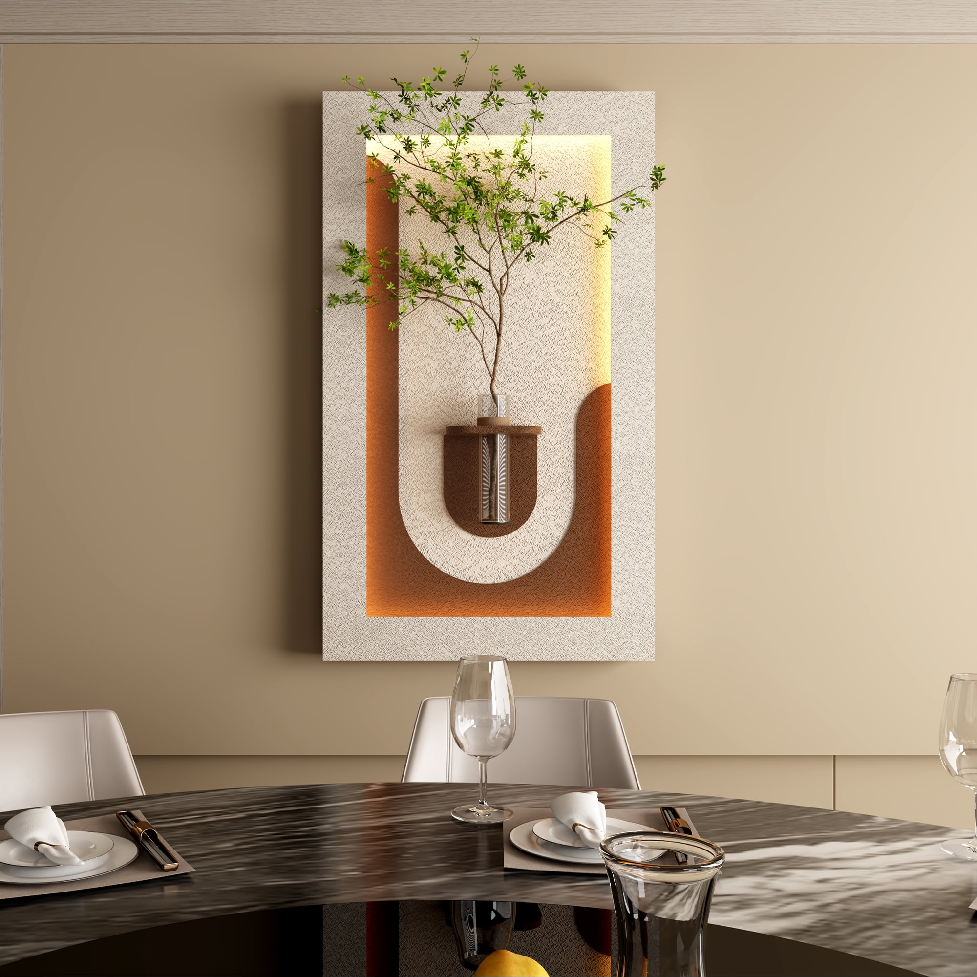 Aukfa 3D Sandstone Wall Art with Artificial Green Plants, LED Wall Decor with Glass Vase & Rabbit Statue, Remote Control for Living Room/Bedroom