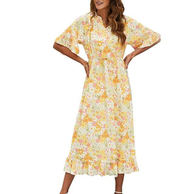 Vestido a media pantorrilla con cuello de manga corta y cintura alta con manga de hoja de cinco puntos pura a la moda informal y sexy para mujer Pompotops ghjkhdj17685