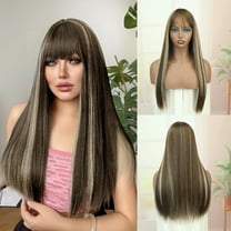 Creamily 23 Inch Long Dark Brown Straight Wigs With Bangs Long Brown Mixed Blonde Highlights Synthetic Layered Wigs for Women Daily Use