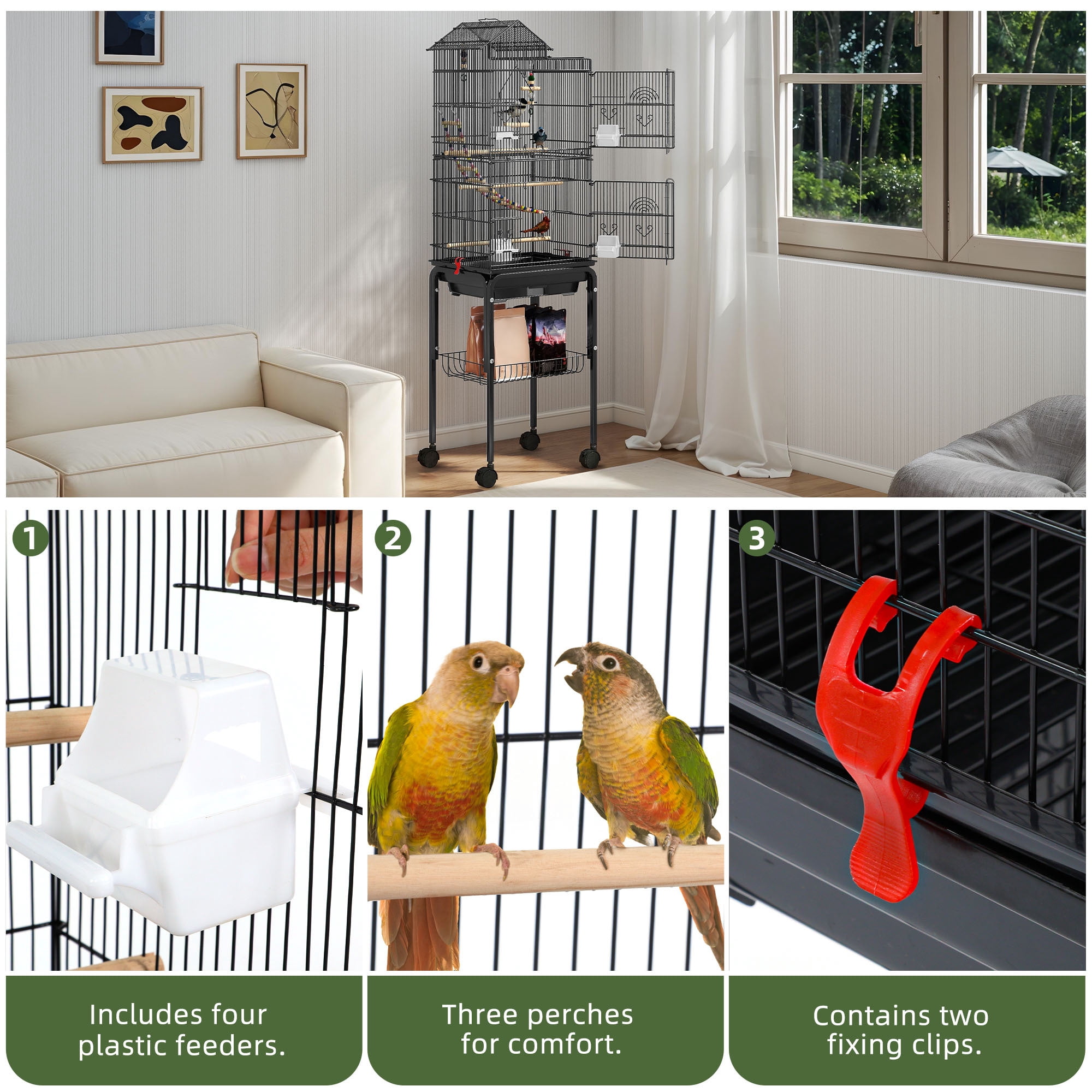 Uforic 62" Large Metal Bird cage with Rolling Stand, Slide-Out Tray,3 Perches and 4 Feeders, Black