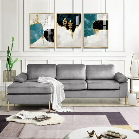 Hommoo Velvet L-Shaped Sectional Sofa with Chaise, Modern Living Room Sofa Set, Gray