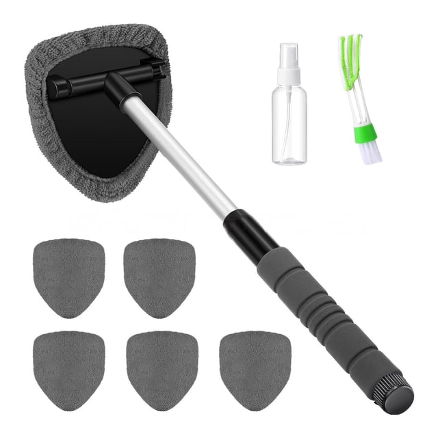 BotaniNest Inside Windscreen | 1 Triangle Head & 6 Upgraded Cloths | For Shower & Home Window Glass | 11 17in Extendable Metal & Foam Handle W Spray Bottle
