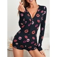 thumbnail image 2 of FEORJGP Women's Valentine's Day Pajamas Romper Ladies Short Sleeve Jumpsuit Deep V Neck Bodysuit Button Up Lips/ Heart Print Shorts Loungewear Soft Cute Sleepwear, 2 of 6