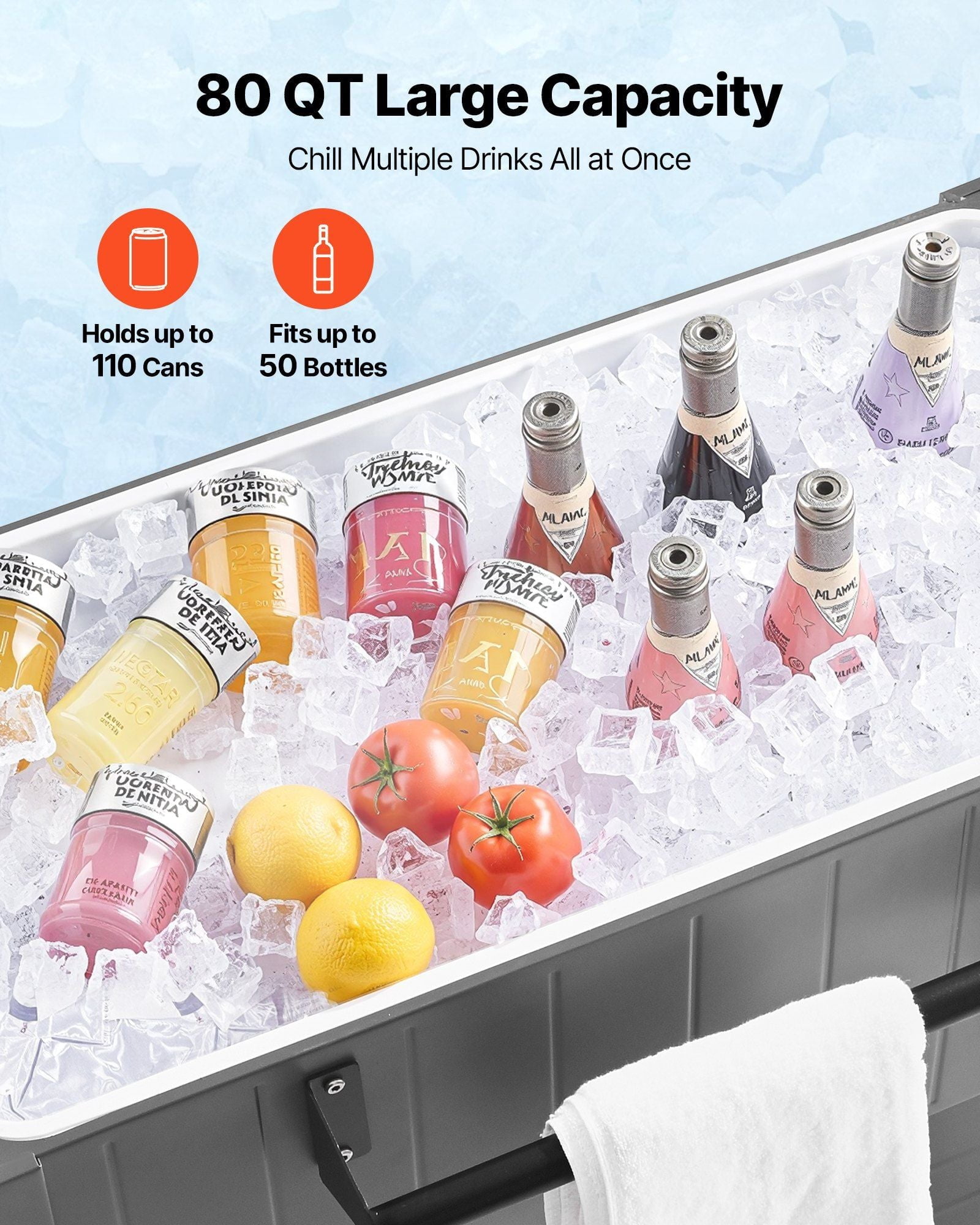 80QT Rolling Ice Chest, Holds up to 50 Bottles/ 110 Cans, Portable Patio Party Bar Drink Cooler Cart with Bottom Shelf & Foldable Side Shelves, Beverage Pool with Swivel Wheels & Bottle Opener