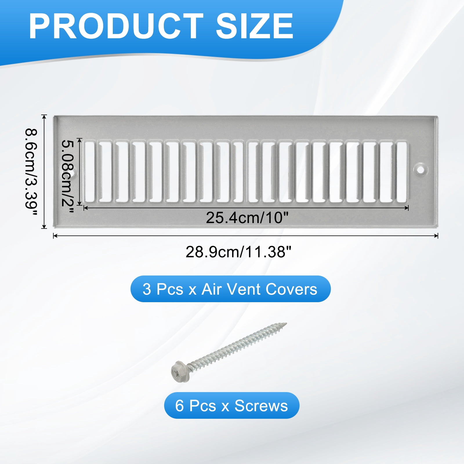 2" x 10" Duct Opening Vent Cover, 3 Pcs Toe Kick Vent Cover HVAC for Wall Floor, Gray-Outer Size: 3.4" x 11.4"
