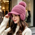 thumbnail image 2 of Fleece Beanie Hats with Earflaps Visor Brim Winter Knit Ski Cap Winter Hats for Women Pom Pom Ball Purple One Size, 2 of 5