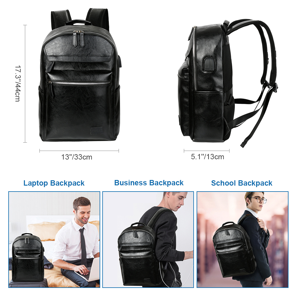 Vbiger PU Leather Backpack Trendy Business Backpacks Large-capacity Laptop Shoulder Bags Casual Outdoor Daypack Stylish College School Bag Waterproof Travel Backpack for Men, Black - image 3 of 9