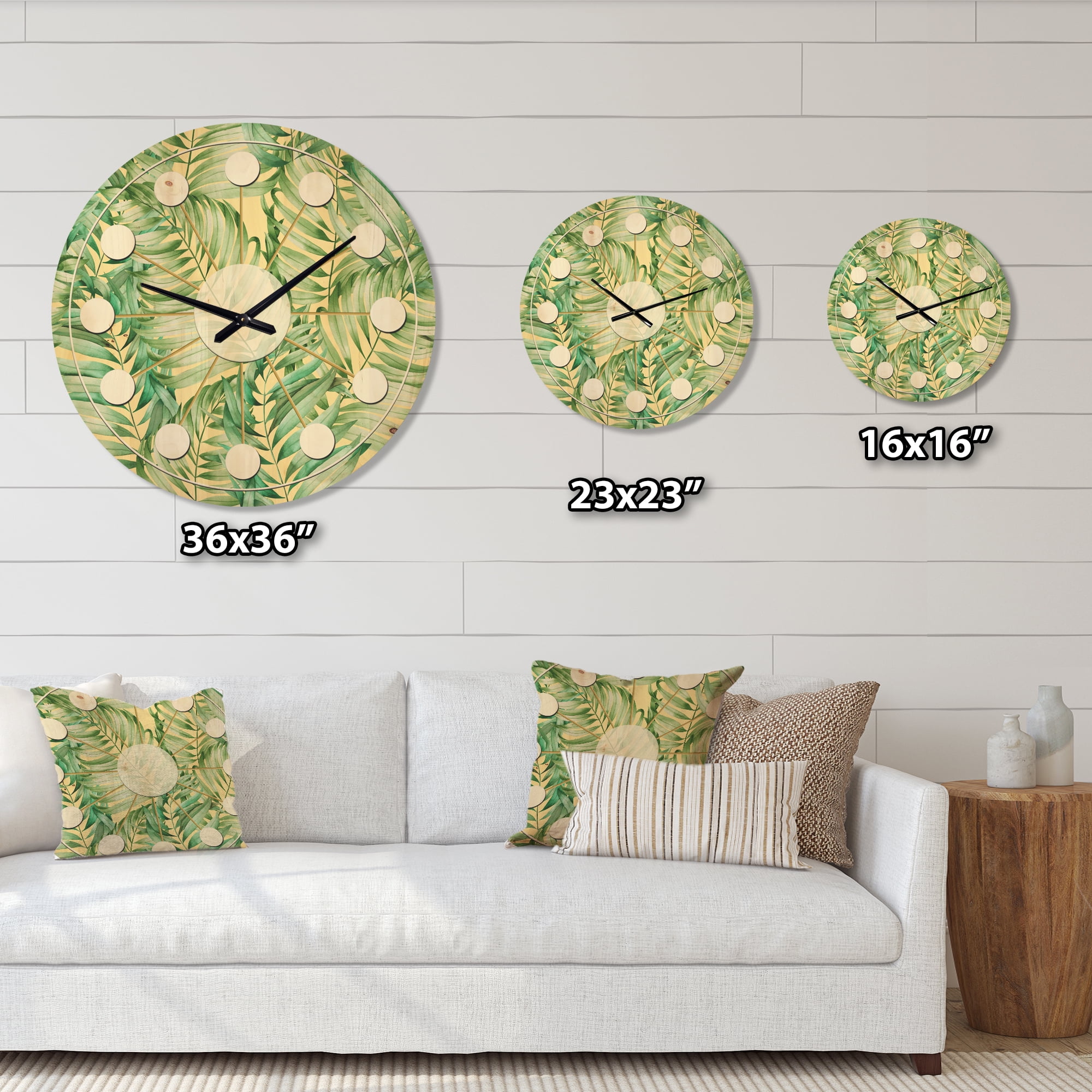 Designart 'Retro Tropical Foliage I' Mid-Century Modern Wood Wall Clock