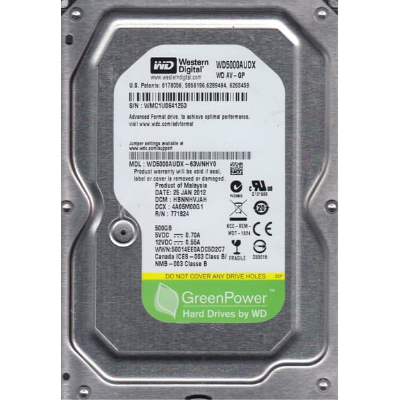 WD5000AUDX-63WNHY0, DCM HBNNHVJAH, Western Digital 500GB SATA 3.5 Hard Drive
