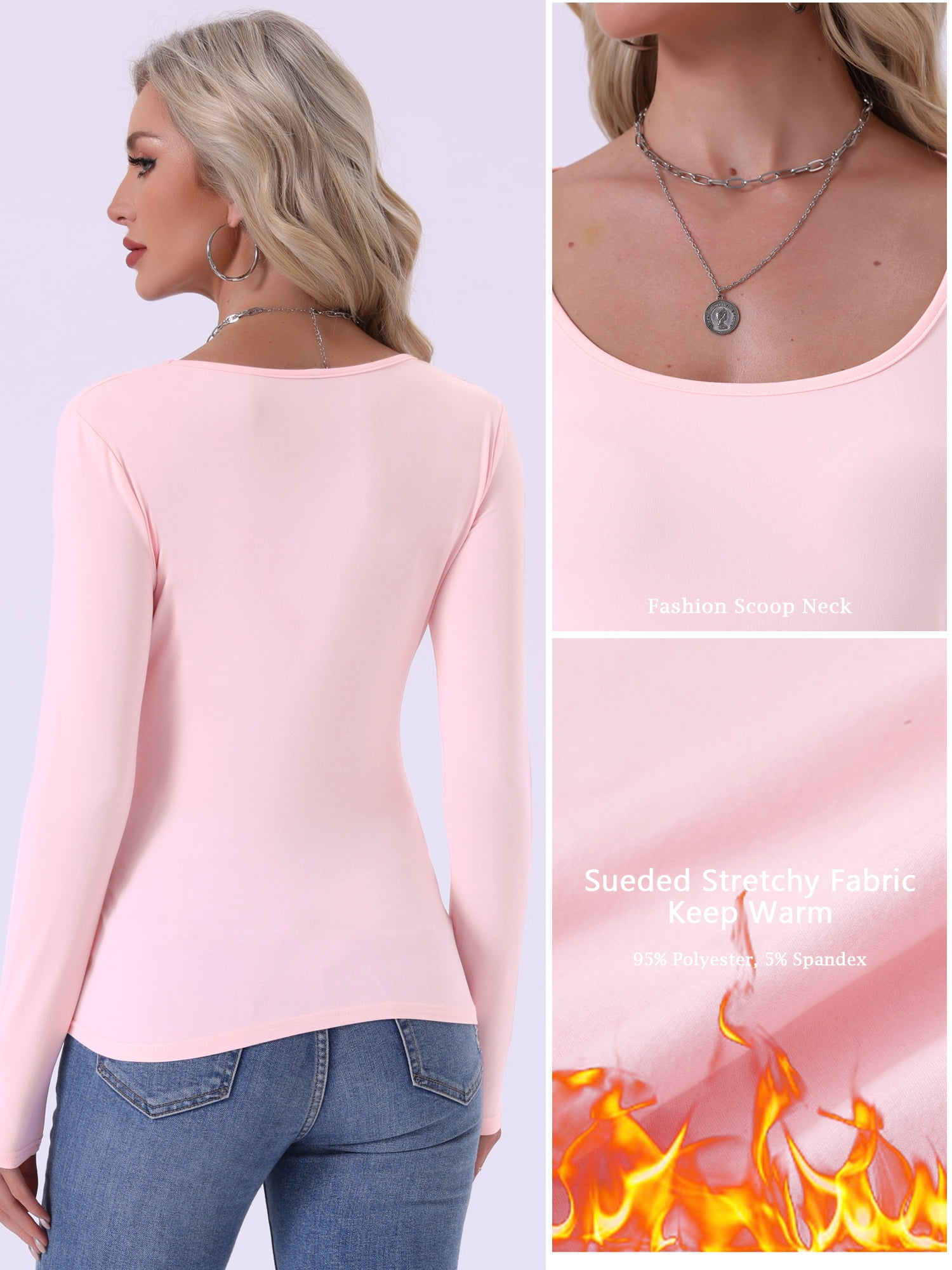 DARING DIVA Women's Scoop Neck Long Sleeve Slim Stretchy Thermal Tee 2XL Pink