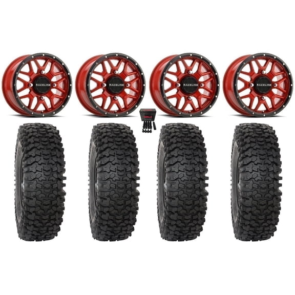 Raceline Krank 15" Wheels Red 35" RC500S Sticky Tires Can-Am Maverick X3 / Honda Pioneer 1000 / Talon