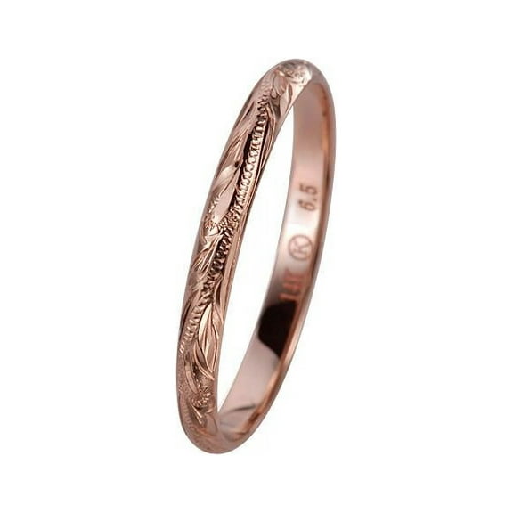 14K solid pink rose gold hand engraved Hawaiian princess scroll band ring 2mm size 6