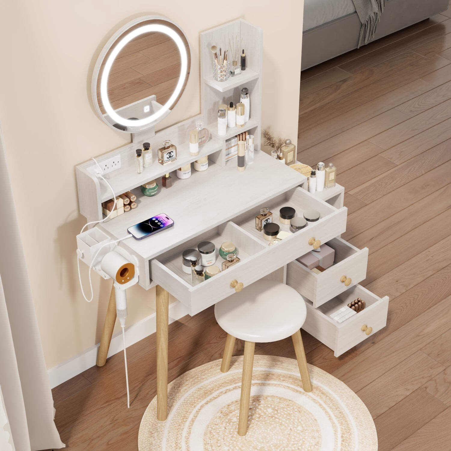 AENKYO Vanity Table Set with LED Mirror & Stool, Touch Control 3-Color Lighting, Multi-Layer Storage, Large Makeup Desk for Girls & Women - White