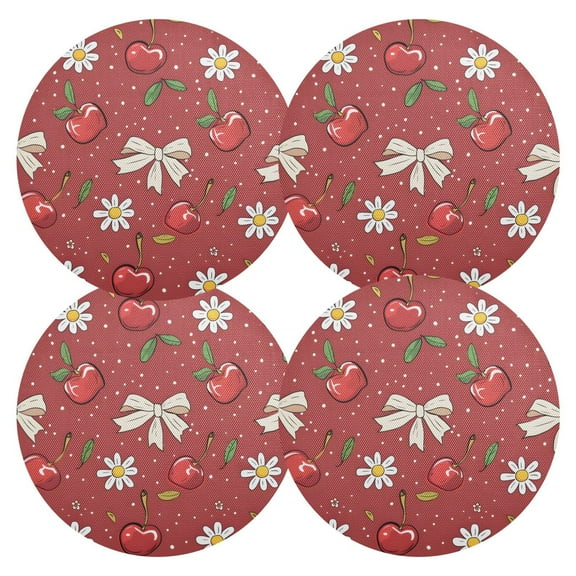 Ryvnso Red Cherry with Daisy Flower Round Plate Mats Dining Table Placemat Set of 4 for Holiday Decoration