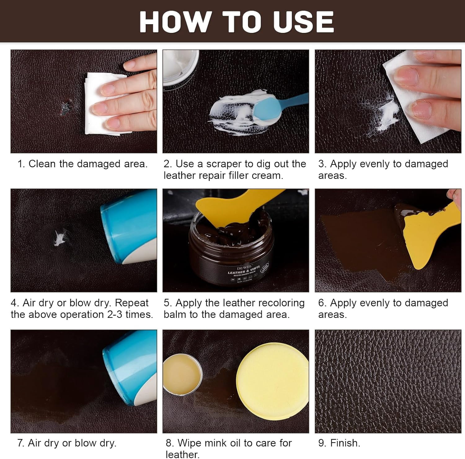 DEWEL Leather and Vinyl Recoloring Balm,Mink Oil,Leather Repair Filler Cream