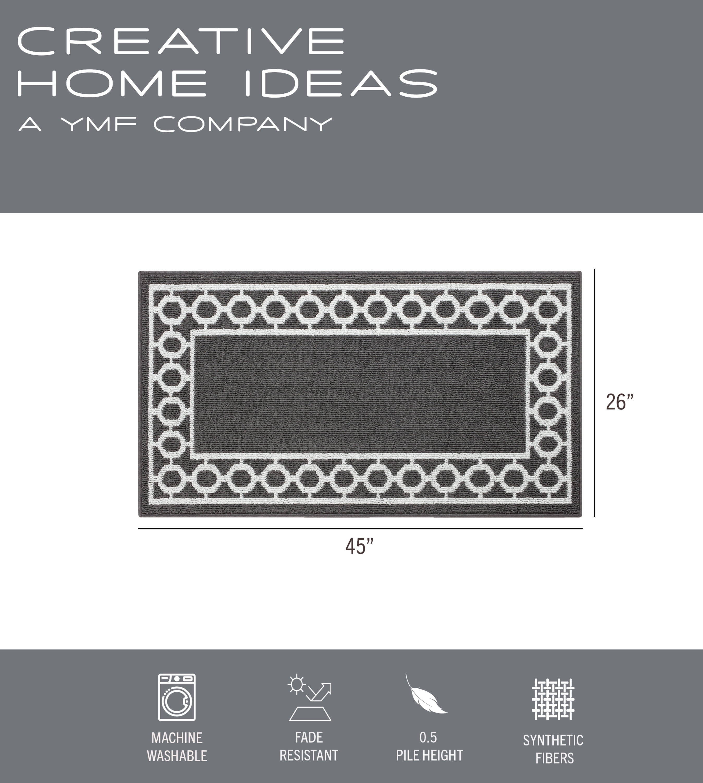 Washable Skid-Resistant Runner Rug, Trellis Border, Dark Grey and White, 26" x 45"