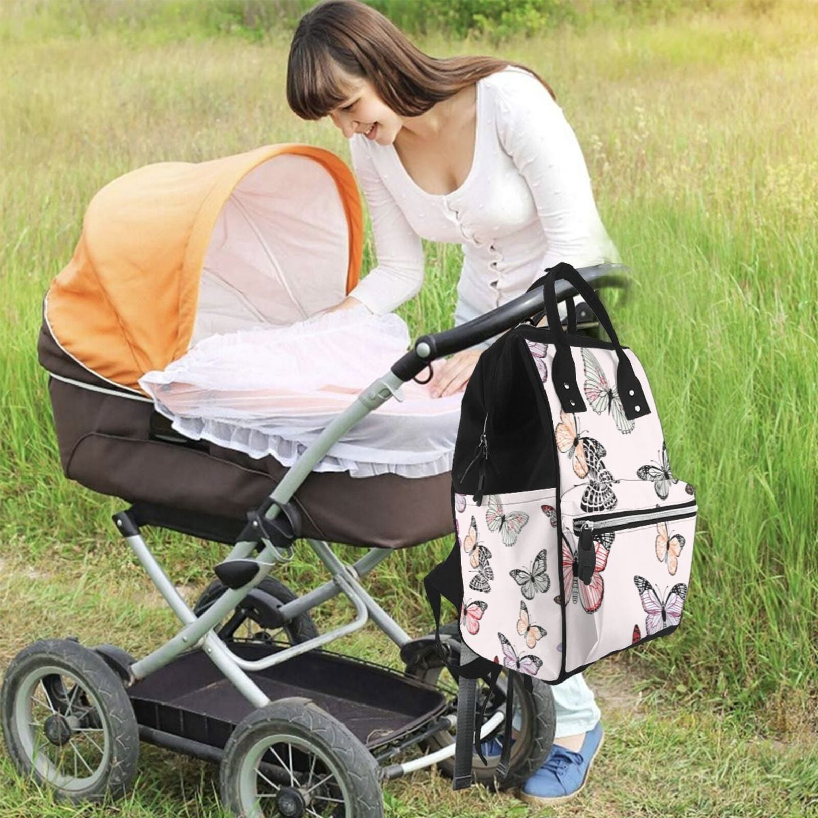 Ratiio Beautiful Butterfly Mummy Backpack - Waterproof Twill Canvas, Large Capacity Diaper Bag with Multiple Pockets and Adjustable Straps