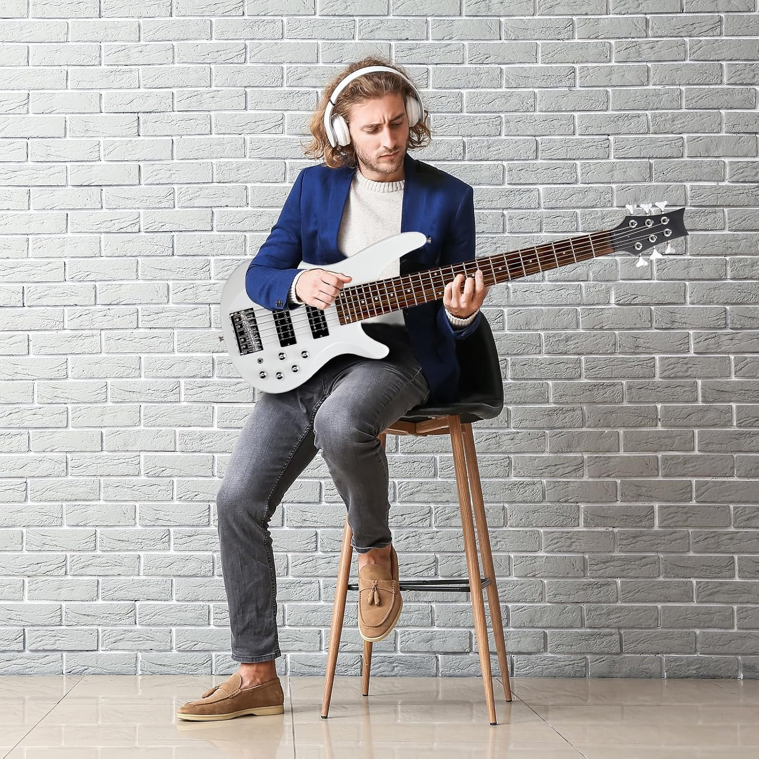 HarmonyStrings Bass Guitar 6 String Electric Bass Guitars, Beginner Bass Guitar with Professional H-H pickup, 3 Way Pickup Selector, Premium Cable, Unique Body Design for Beginner White Upgraded